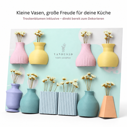Bunte magnetische Minivasen mit Trockenblumen – 6er- oder 10er-Set