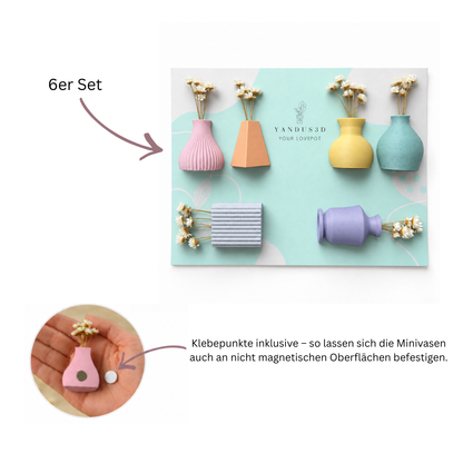 Bunte magnetische Minivasen mit Trockenblumen – 6er- oder 10er-Set
