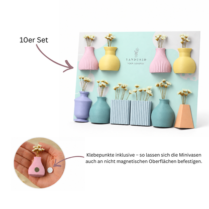 Bunte magnetische Minivasen mit Trockenblumen – 6er- oder 10er-Set